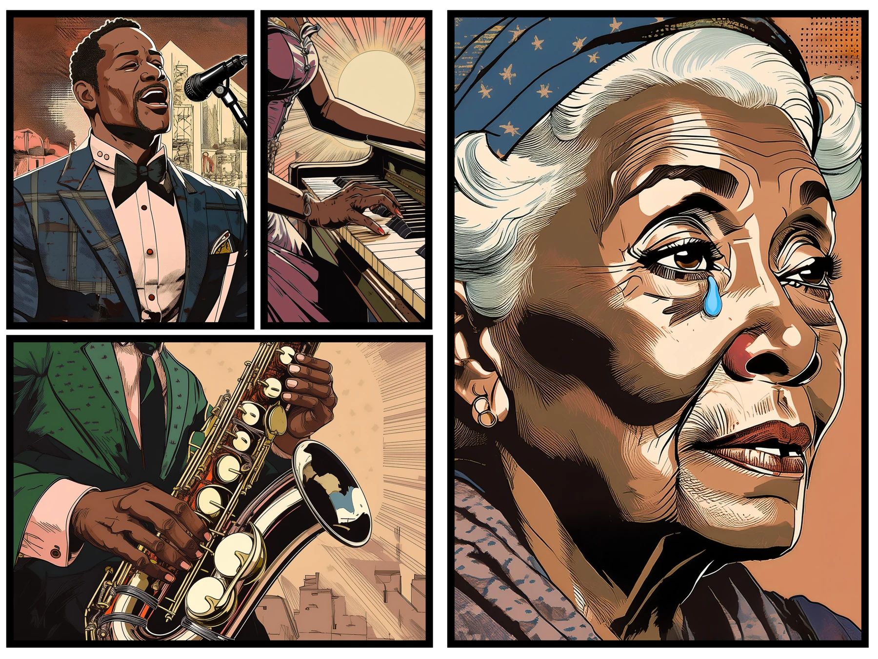 Des musiciens de jazz et le regard d’une femme âgée.