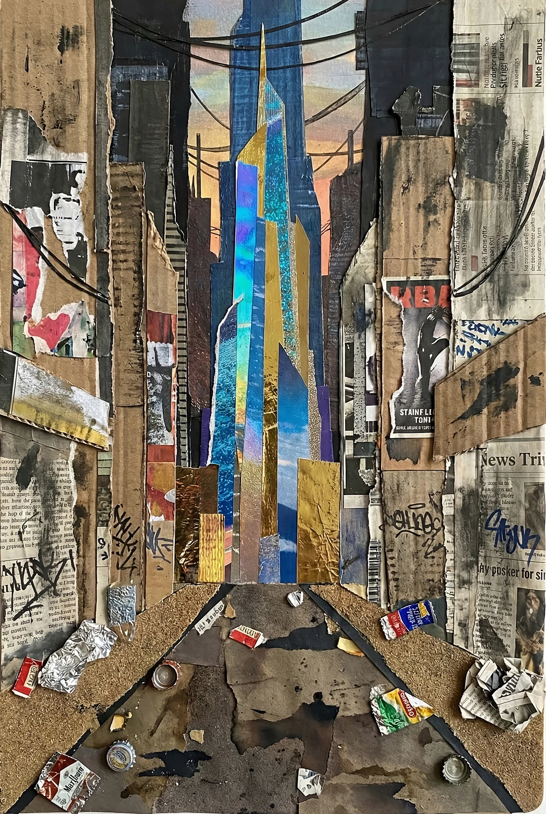 Une ville vue depuis une rue étroite, entre murs et câbles.