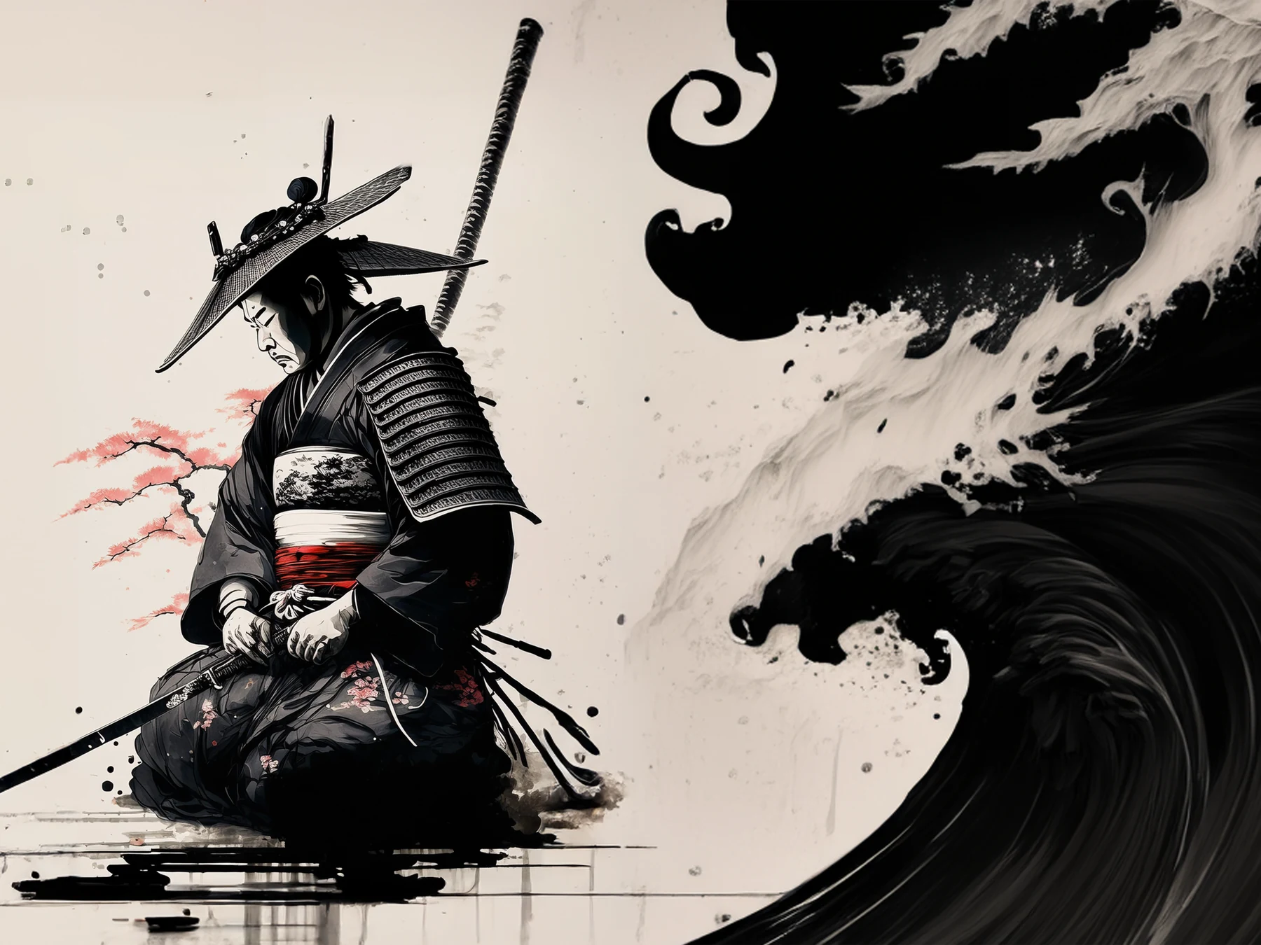 Un samouraï entre une branche fleurie et une vague d’encre.