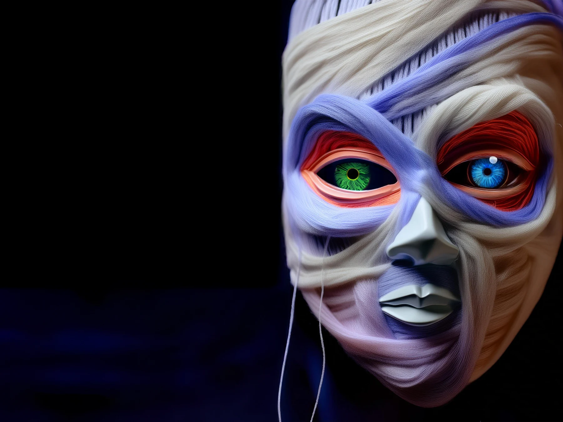 Un visage enveloppé de bandes, entre deux regards.